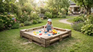 Arenero para niños hecho con palets de madera reciclados en el jardín
