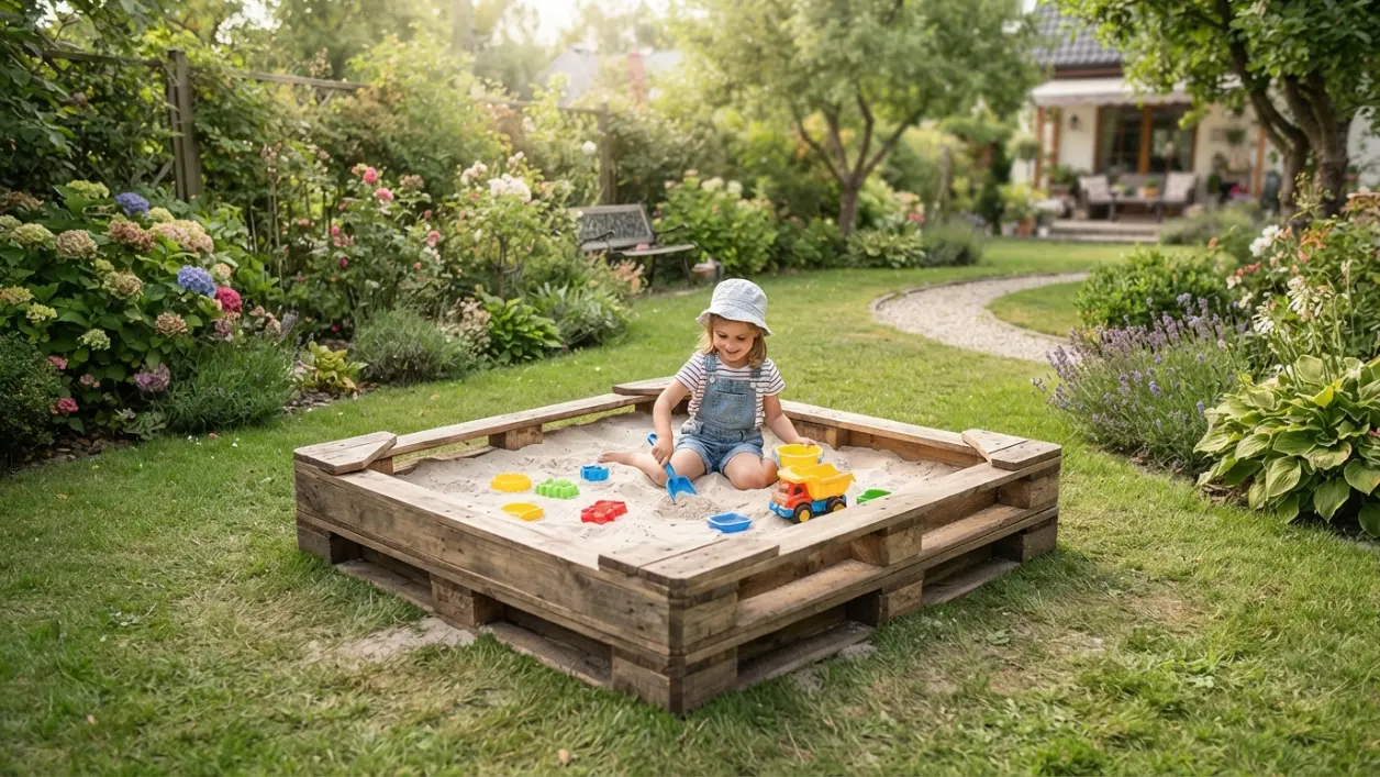Arenero para niños hecho con palets de madera reciclados en el jardín