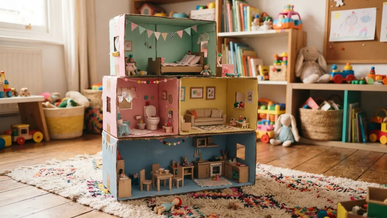 Casa de muñecas hecha con cajas de cartón reciclado pintada y decorada