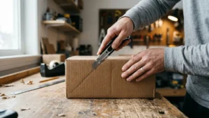 Cortando una caja de cartón para hacer un porta revistas reciclado
