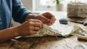Cosiendo los bordes de un cojín decorativo hecho con retazos de tela