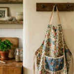 Delantal de cocina hecho con tela reciclada colgado en la cocina