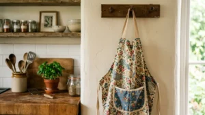 Delantal de cocina hecho con tela reciclada colgado en la cocina