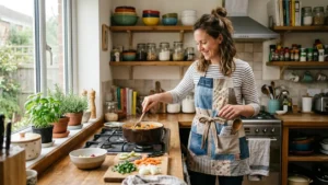 Delantal de cocina reciclado en uso durante la preparación de alimentos