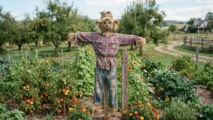 Espantapájaros hecho con material reciclado en un jardín