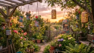 Jardín decorado con manualidades de latas de aluminio recicladas terminadas