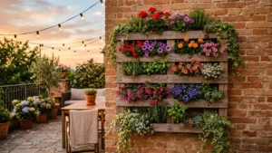 Jardín vertical de palets reciclado terminado con plantas creciendo en una terraza