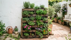 Jardín vertical hecho con palet de madera reciclado lleno de plantas