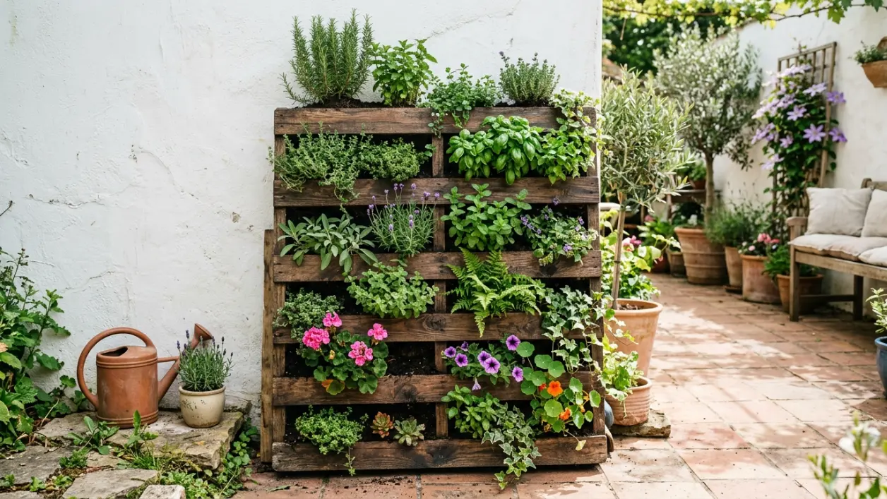 Jardín vertical hecho con palet de madera reciclado lleno de plantas