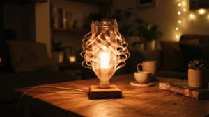 Lámpara hecha con botella de plástico reciclada encendida sobre mesa de madera