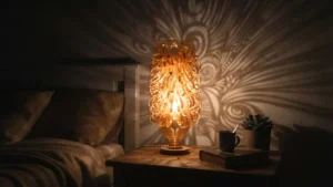 Lámpara reciclada de botella de plástico encendida proyectando sombras decorativas