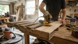 Lijando la superficie de un palet de madera para hacer una mesa reciclada