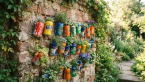 Macetas hechas con latas de aluminio recicladas colgadas en un jardín