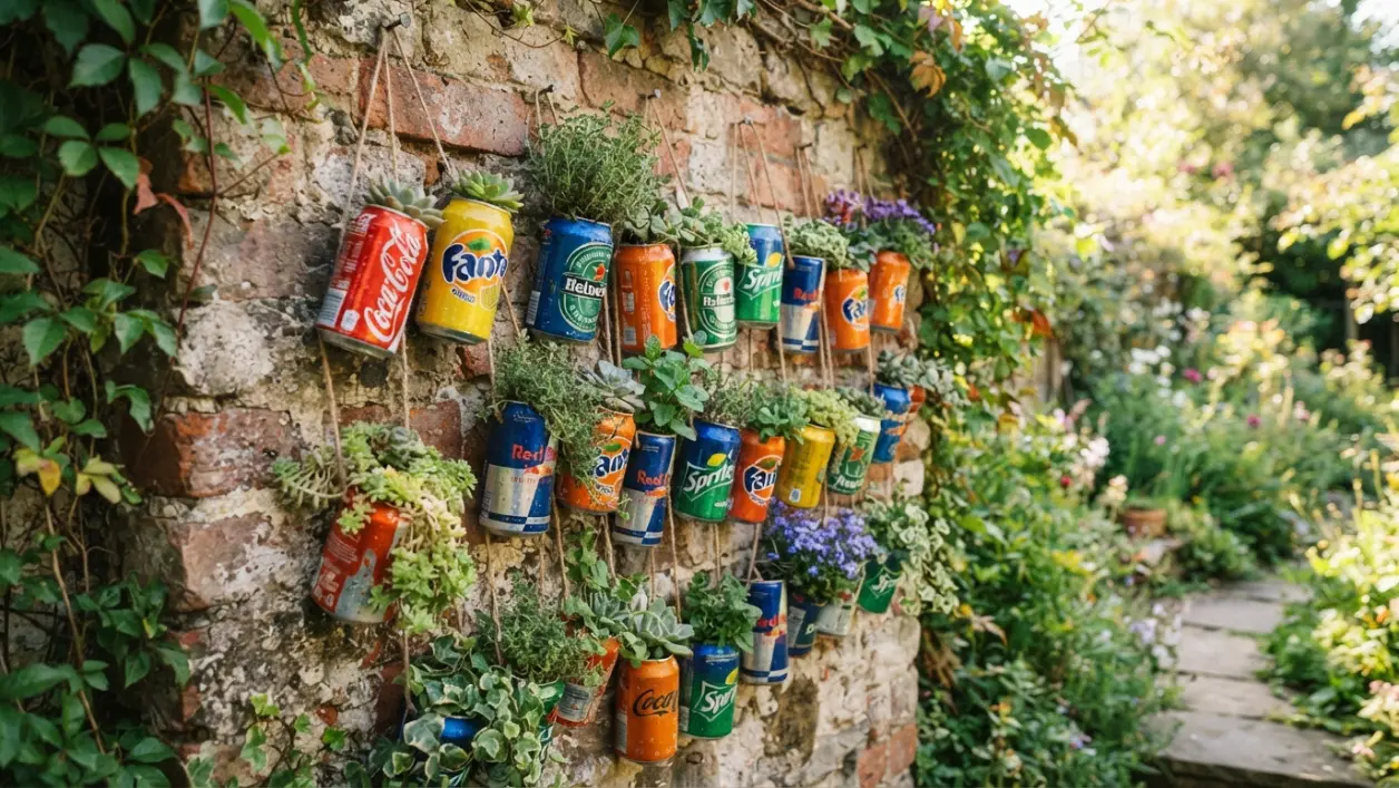Macetas hechas con latas de aluminio recicladas colgadas en un jardín