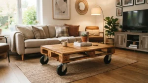 Mesa de centro hecha con palet de madera reciclado en una sala de estar