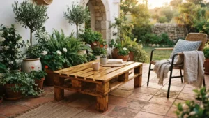 Mesa de palet de madera reciclada terminada en una terraza exterior