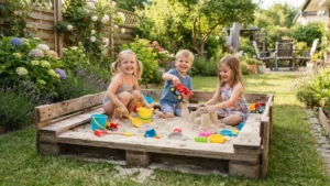 Niños jugando en un arenero hecho con palets de madera reciclados