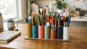 Organizador de escritorio hecho con tubos de cartón reciclados