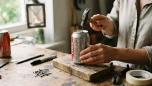 Perforando una lata de aluminio para hacer un farol decorativo reciclado