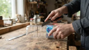 Persona cortando una botella de plástico en tiras para hacer una lámpara reciclada