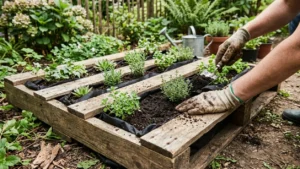 Plantando en los compartimentos de un jardín vertical de palets reciclado
