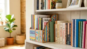 Porta revistas de cartón reciclado terminado en una estantería organizada
