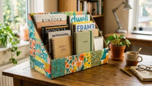 Porta revistas hecho con cajas de cartón reciclado sobre un escritorio