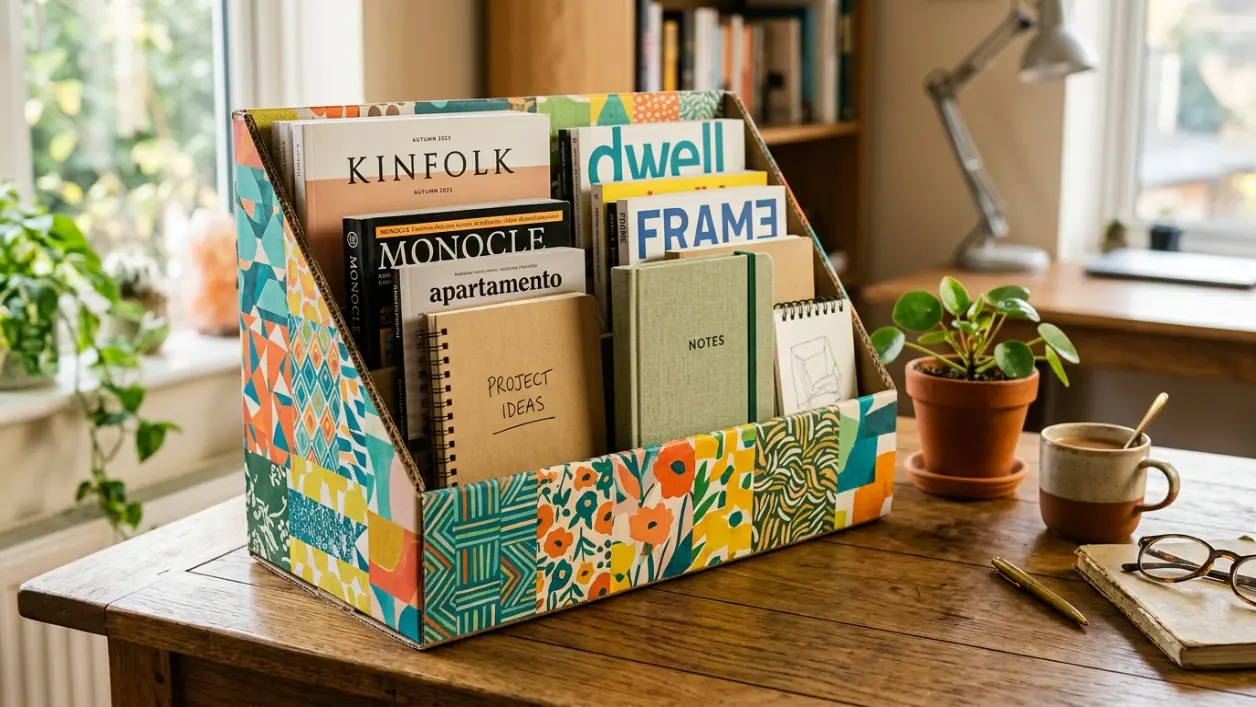 Porta revistas hecho con cajas de cartón reciclado sobre un escritorio