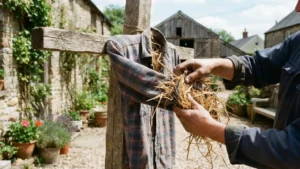 Rellenando el cuerpo de un espantapájaros reciclado con paja