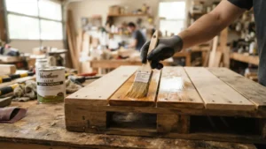 Aplicando barniz a un palet de madera para hacer un cabecero reciclado