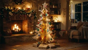Árbol de navidad de cartón reciclado terminado y decorado para la temporada