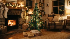 Árbol de navidad hecho con cartón reciclado decorado con luces y adornos