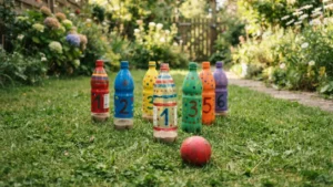 Bolos caseros hechos con botellas de plástico recicladas en el jardín