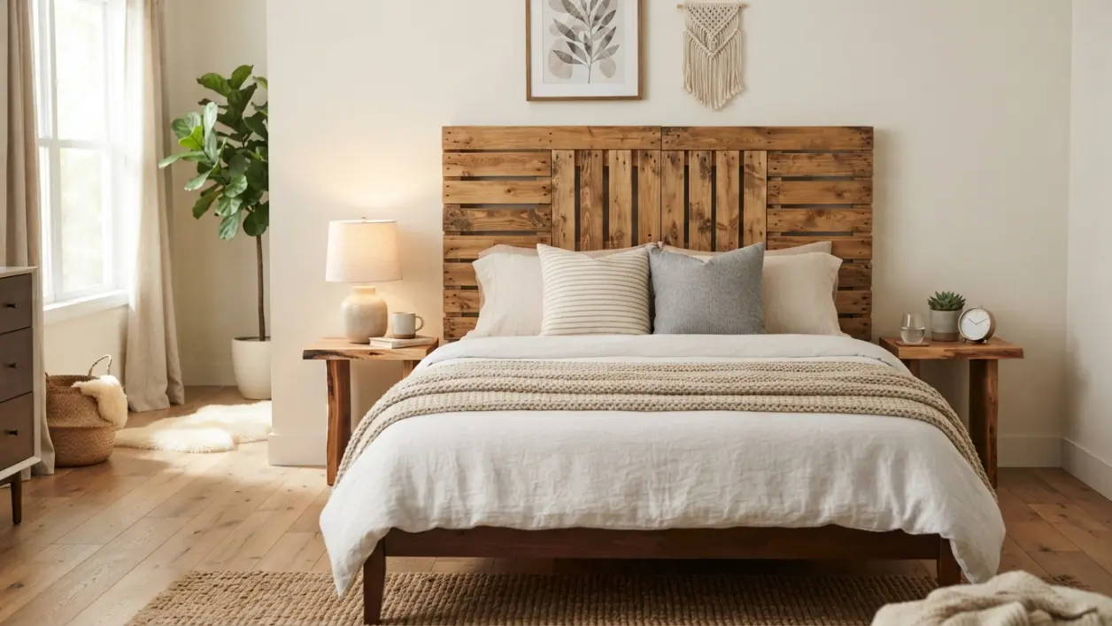 Cabecero de cama hecho con palet de madera reciclado en un dormitorio