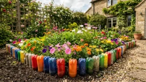 Cerco para plantas hecho con botellas de plástico recicladas en un jardín