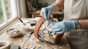 Colocando fragmentos de platos rotos para crear un mosaico decorativo