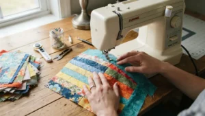 Cosiendo retazos de tela para armar una manta de patchwork reciclada