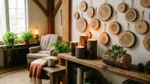 Decoración terminada con manualidades de troncos de madera reciclados