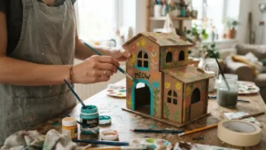 Decorando la casa de cartón con pintura acrílica