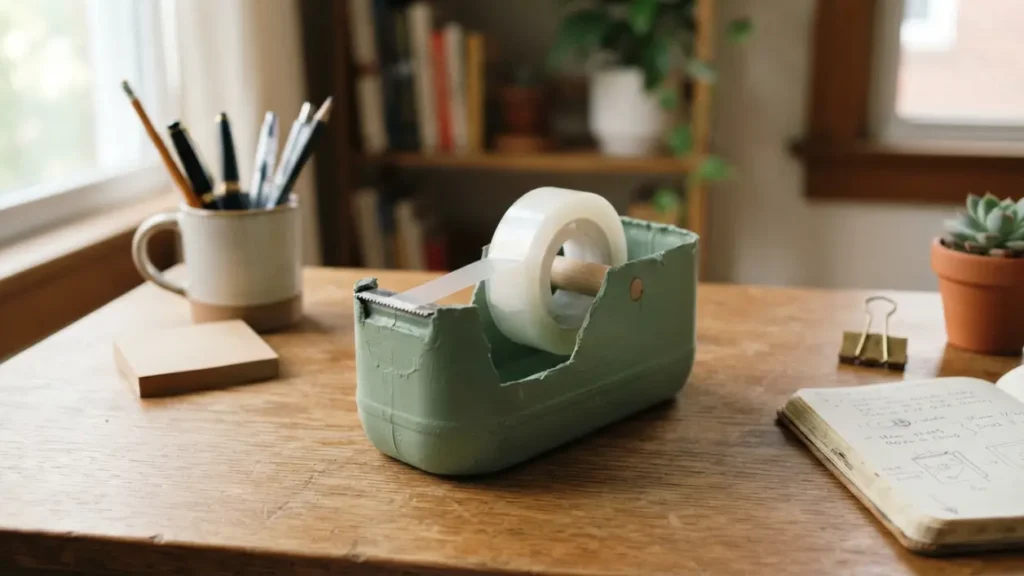 Dispensador de cinta hecho con plástico reciclado sobre un escritorio