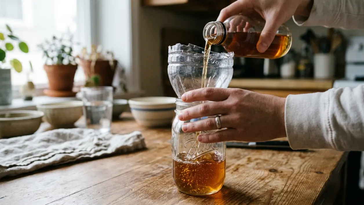 Embudo casero hecho con botella de plástico reciclada en uso en la cocina
