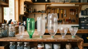 Embudos caseros de botellas de plástico recicladas organizados y listos para usar