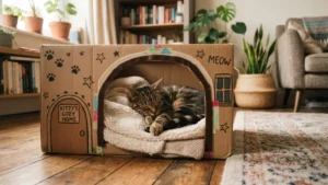 Gato descansando cómodamente en su casa de cartón terminada