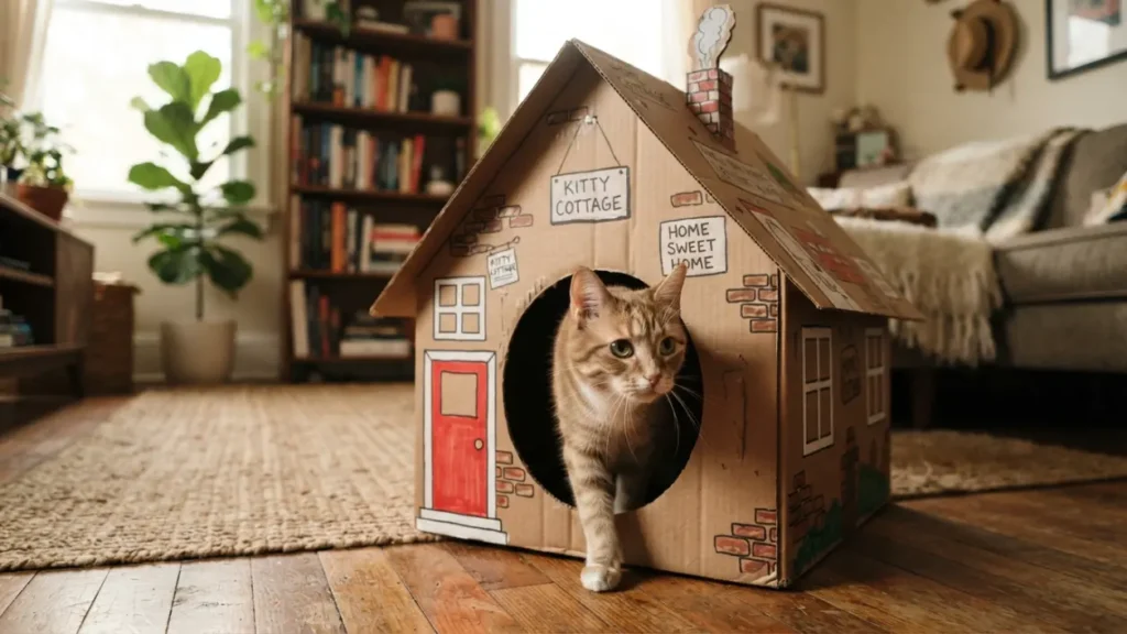 Gato disfrutando de su casa de cartón hecha en casa
