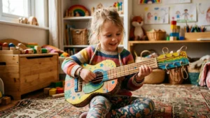 Guitarra de juguete hecha con cartón reciclado sostenida por un niño