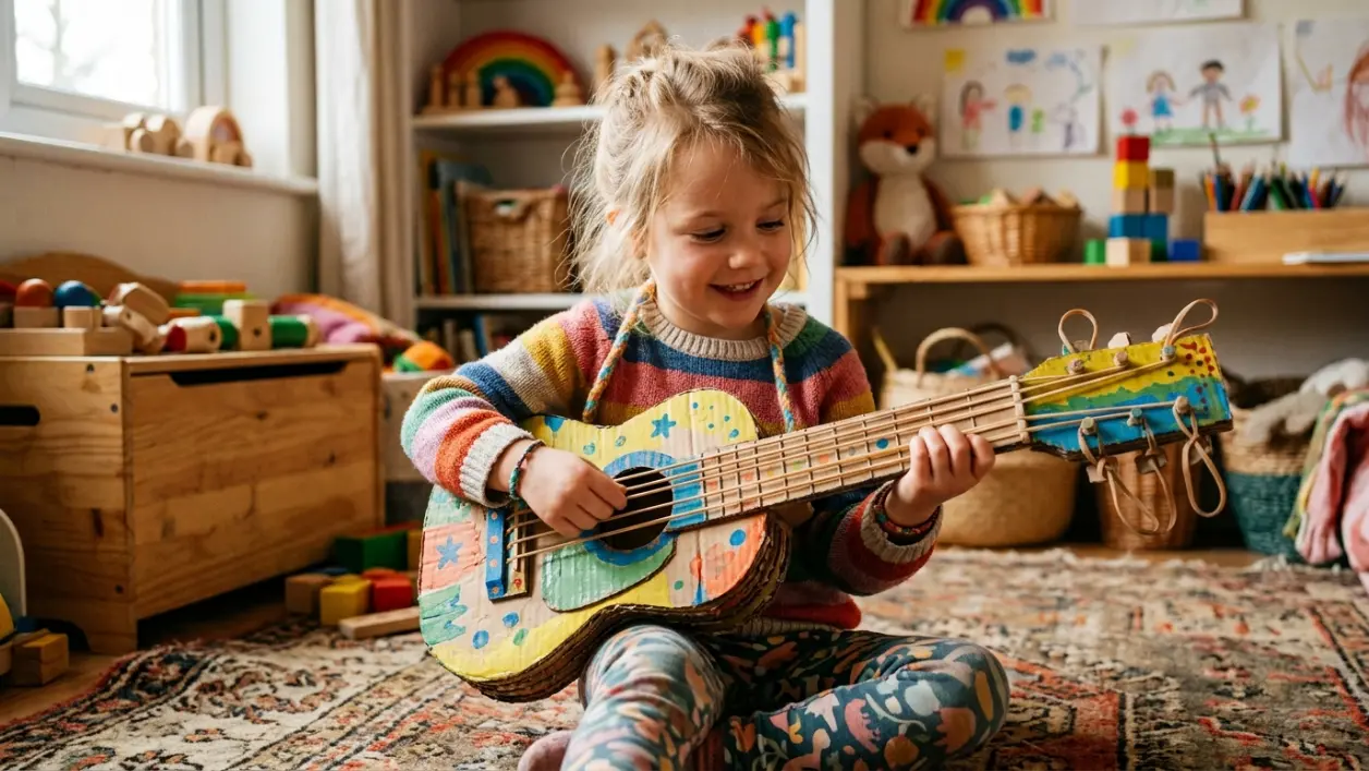 Guitarra de juguete hecha con cartón reciclado sostenida por un niño