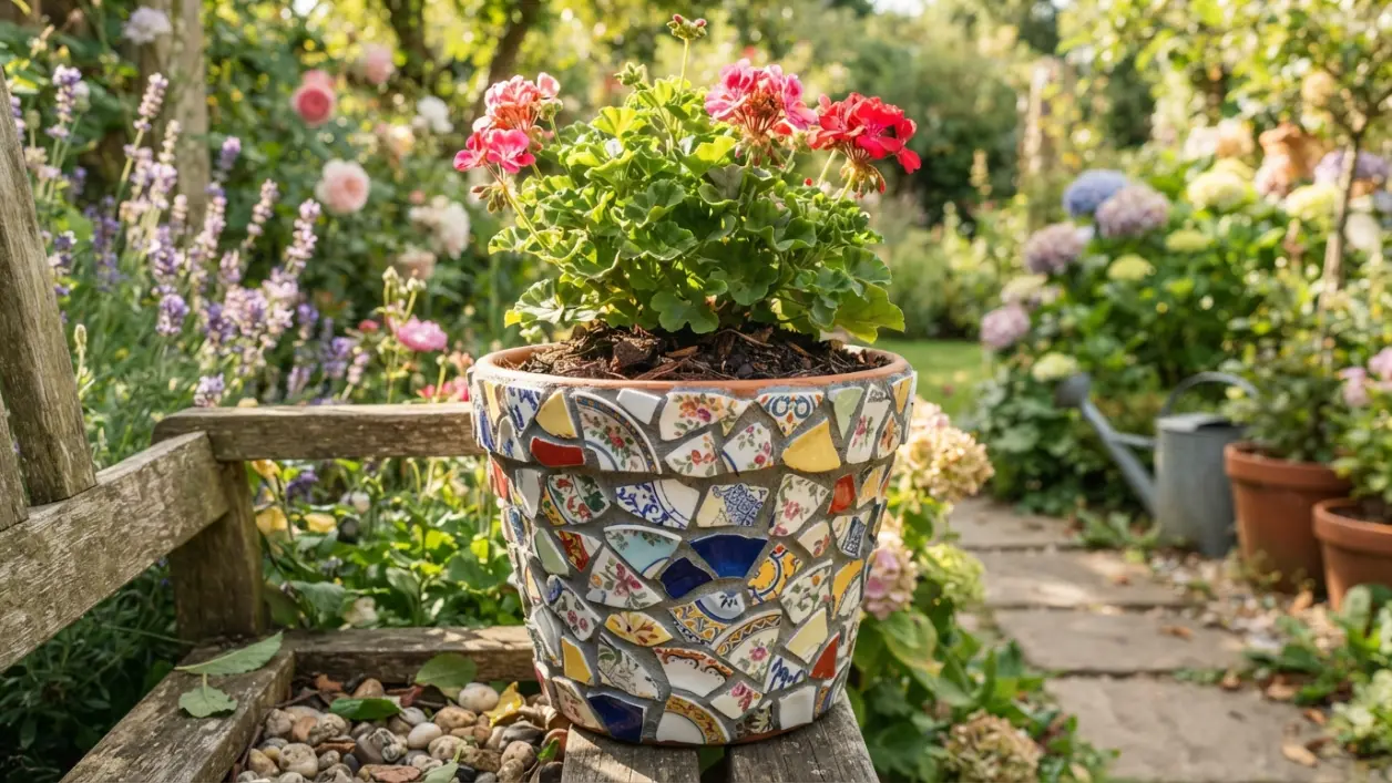 Maceta decorada con mosaico de platos rotos reciclados en un jardín