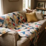 Manta de patchwork hecha con retazos de tela reciclada sobre un sofá