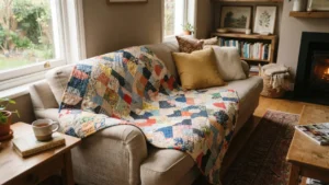 Manta de patchwork hecha con retazos de tela reciclada sobre un sofá