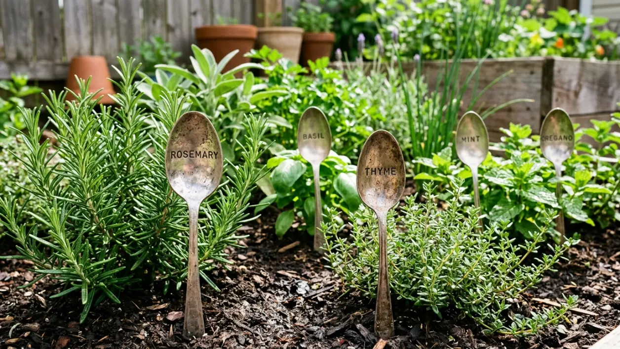 Marcadores de plantas hechos con cucharas viejas recicladas en un huerto